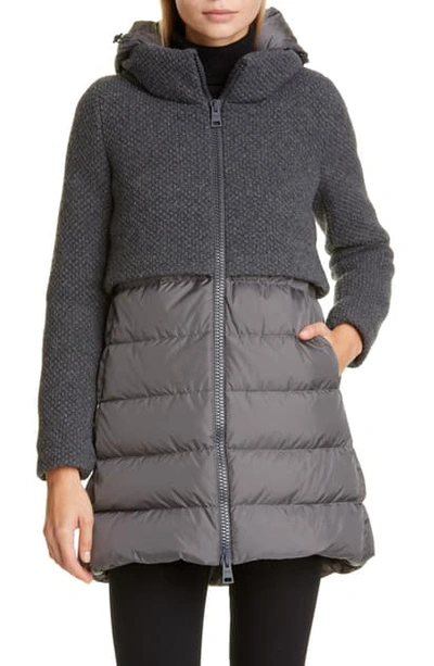 Herno High/low Knit & Quilted Down Puffer Jacket In Dark Grey