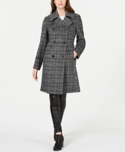 Vince Camuto Plaid Faux-fur-collar Double-breasted Belted Coat In Black/white Plaid