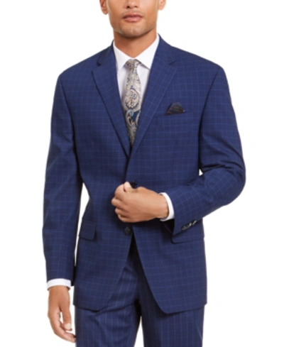 Sean John Men's Classic-fit Stretch Blue Houndstooth Windowpane Suit Separate Jacket