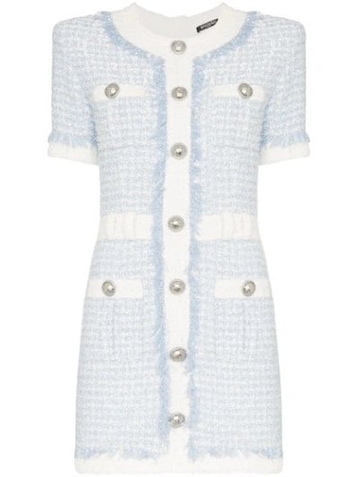 Balmain Buttoned Sequin-embroidered Tweed Mini Dress In Blue