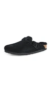 Birkenstock Suede Leather Emblem Buckle Slippers In Black Black