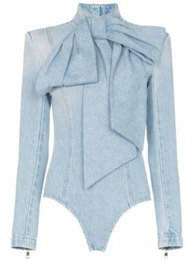 Balmain Pussybow Denim Bodysuit In Blue