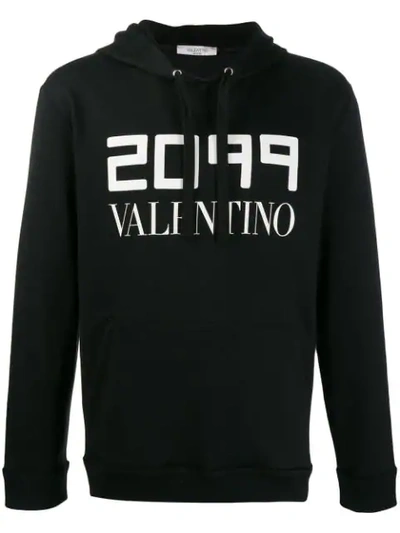 Valentino 2099 Logo-print Cotton-blend Hooded Sweatshirt In Black