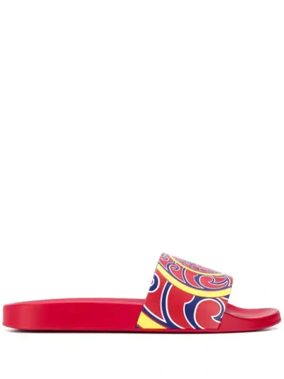 Versace Red Slide Sandals With Multicolor Print