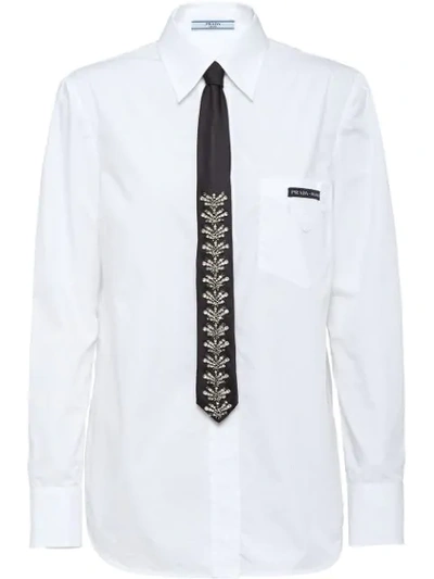 Prada Crystal Embellished Tie Shirt In White ,black