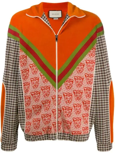 Gucci Houndstooth Cat-print Cotton-blend Track Jacket In Orange
