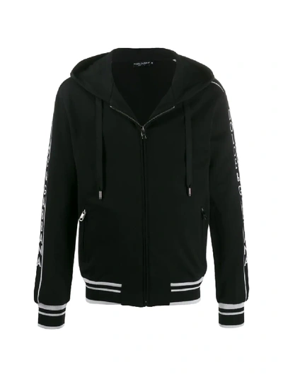 Dolce & Gabbana Piped Logo Sleeve Zip Hoodie In Black