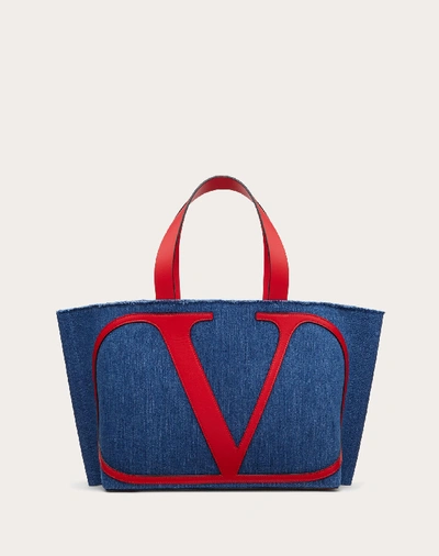 Valentino Garavani Small Vlogo Denim Beach Bag In Blue