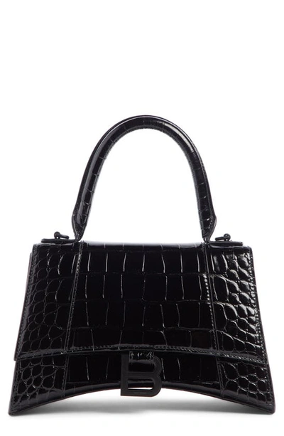 Balenciaga Extra Small Hourglass Croc Embossed Leather Top Handle Bag In Black