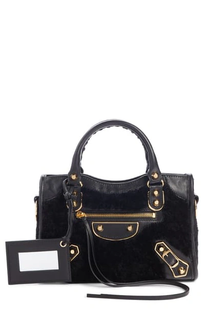 Balenciaga Mini Classic City Metallic Edge Faux Shearling & Leather Tote In Black