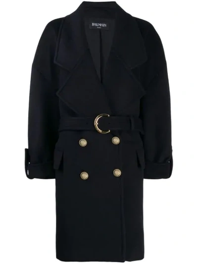 Balmain Buttoned Belted Coat In Blue