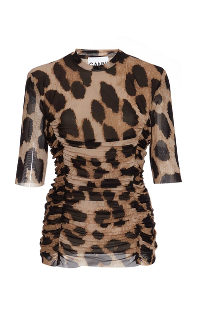 Ganni Ruched Leopard-print Stretch-mesh T-shirt In Brown Black