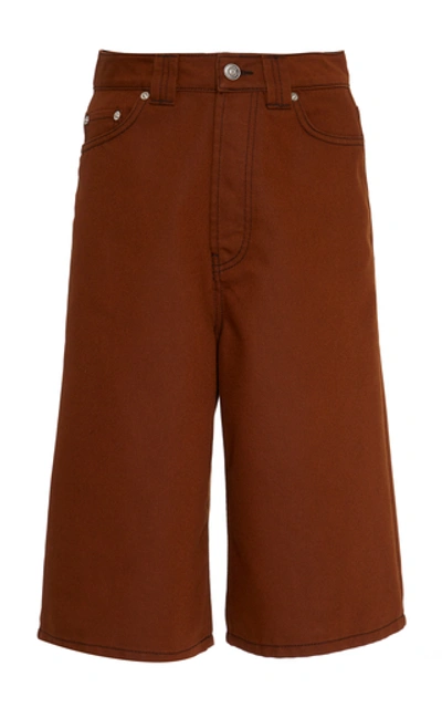 Ganni Mixed Denim Long Cotton Shorts In Brown