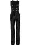BALMAIN BUTTON-EMBELLISHED SEQUINED CREPE JUMPSUIT