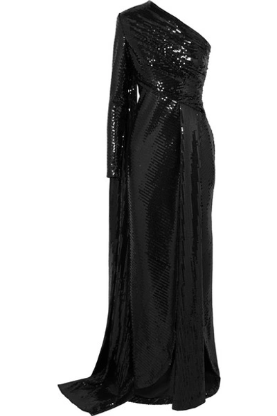 Elie Saab One-sleeve Draped Sequined Tulle Gown In Black
