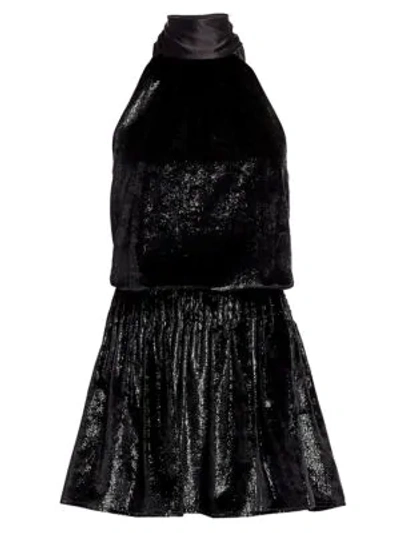 Ramy Brook Lori Shimmer Velvet Halter Mini Dress In Black