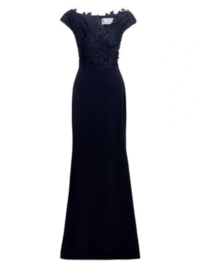 Lela Rose Floral Guipure Lace Gown In Navy