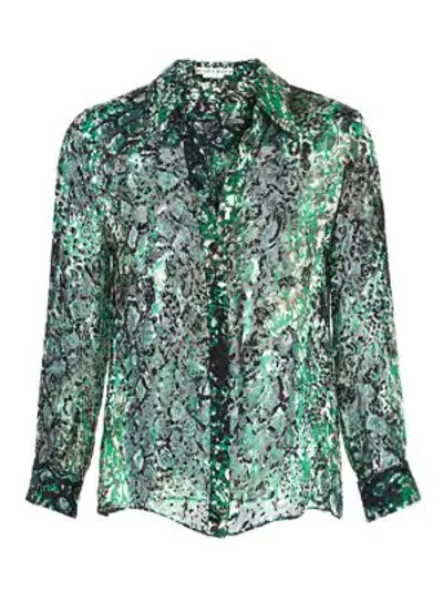 Alice And Olivia Eloise Animal-print Silk Blouse In Black/emerald