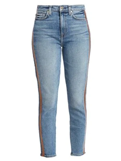 7 For All Mankind High-rise Lurex Racing Stripe Ankle Skinny Jeans In Muse Copper Stripe