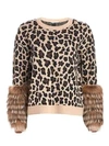 ALICE AND OLIVIA Sheila Leopard Silver Fox Fur-Cuff Stretch-Wool Sweater