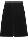 BURBERRY LAMBSKIN TRIM BOX PLEAT DETAIL VELVET WOOL SKIRT