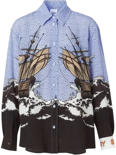 Burberry Ship Print Silk Oversized Shirt And Tie Twinset In Blue