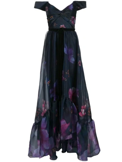 Marchesa Notte Off-the-shoulder Floral Organza High-low Draped-bodice Gown In Navy