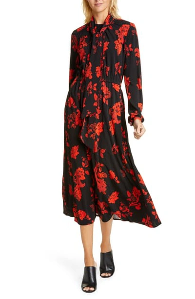Tory Burch Floral Tie-neck Long-sleeve Jersey Bow Dress In Black Mountain Paisley
