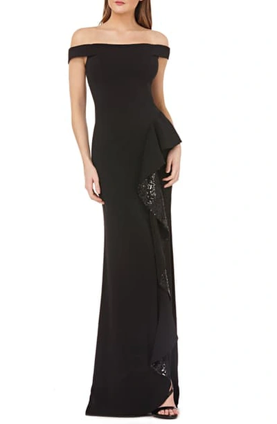 Carmen Marc Valvo Infusion Sequin Ruffle Off The Shoulder Gown In Black/ Black