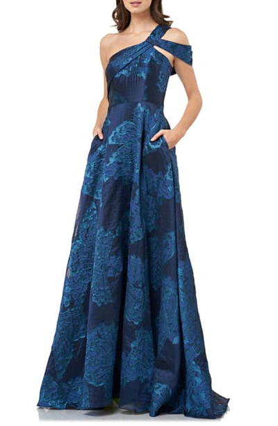 Carmen Marc Valvo Infusion Jacquard One-shoulder Ballgown In Blue