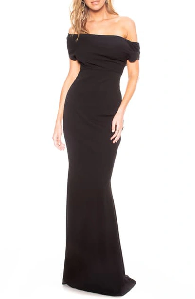 Katie May Hannah Off The Shoulder Crepe Trumpet Gown In Black