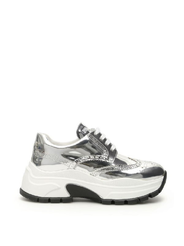 Prada Donna Scarpe Metallic-leather Chunky Sneakers In Silver | ModeSens