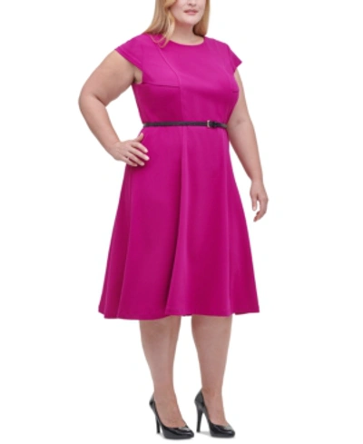 Tommy Hilfiger Belted Fit & Flare Midi Dress In Magenta