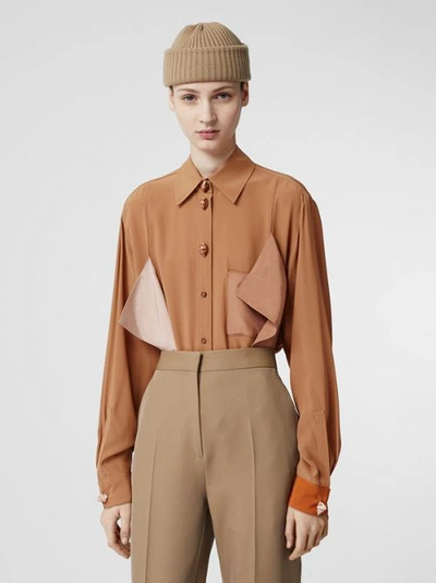 Burberry Drape Detail Silk Oversized Shirt In Brown