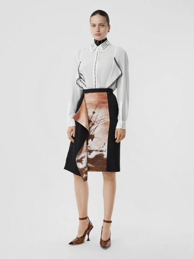 Burberry Ship Print Silk Panel Wool Pencil Skirt In Brown