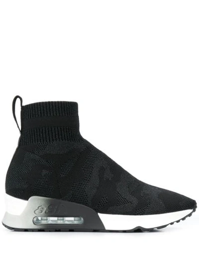 Ash 'lulu' Camouflage Sock Knit High Top Sneakers In Black/shiny Black