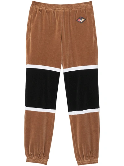 Burberry Colour-block Cotton-blend Velour Track Trousers In Brown