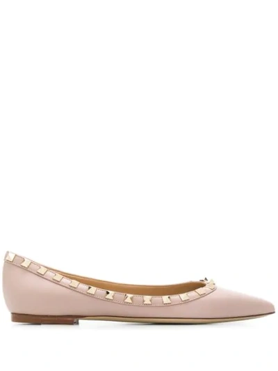 Valentino Garavani Valentino Pointed Toe Flat Shoes With Gold-tone Rockstuds In Pink