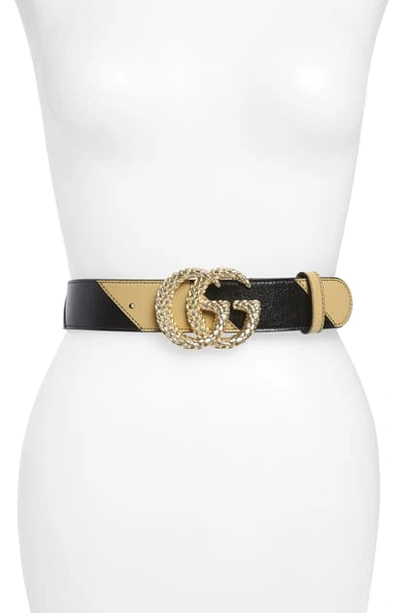 Gucci Gg Logo Buckle Colorblock Leather Belt In Nero/ Beige