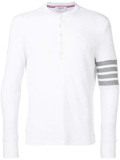 Thom Browne Men's Waffle-knit Henley Shirt With 4-bar Stripe In White