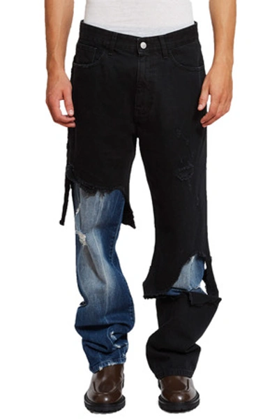 Raf Simons Opening Ceremony Relaxed Fit Destroyed Denim Pants In Black-navy