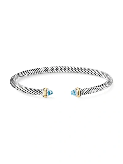 David Yurman Sterling Silver & 18k Yellow Gold Cable Classic Bracelet With Blue Topaz In Sky