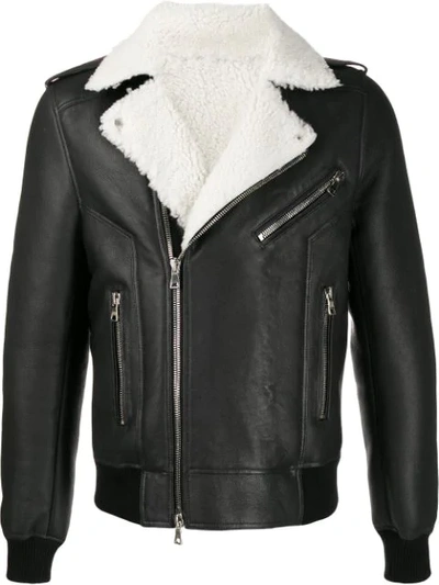 Balmain Shearling Leather Biker Jacket In Black