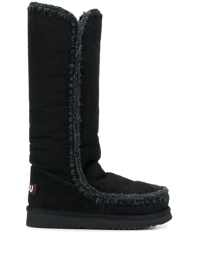 Mou Eskimo Knee-high Boots In Suede With Wool Lining And Contrast Stitching In Black