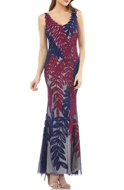 Js Collections Leaf Soutache Trumpet Gown In Plum Berry