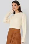 NA-KD FOLDED SLEEVE ROUND NECK KNITTED SWEATER - OFFWHITE