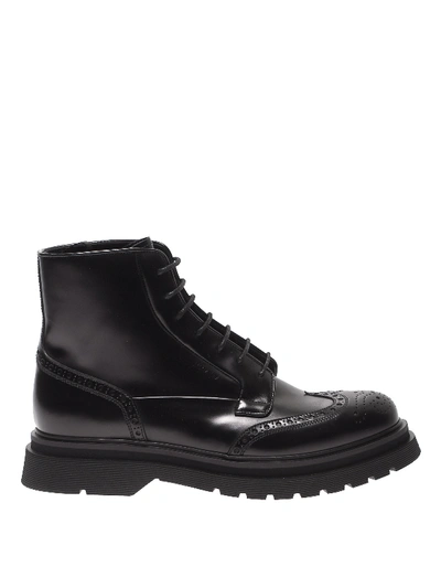 Prada Brushed Leather Brogue Ankle Boots In Black