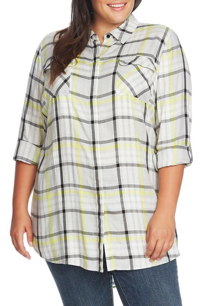 Vince Camuto Plus Size Highlighter Plaid 2-pocket Tunic In Lime Chrome