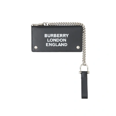 Burberry Logo Print Leather Wallet With Detachable Strap In Black
