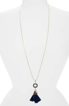 Akola Long Abalone & Raffia Tassel Necklace In Navy